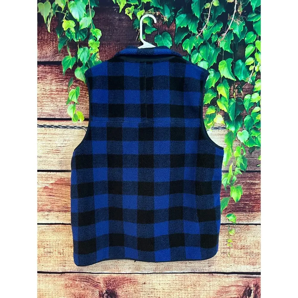 J Crew Nordic Sherpa Fleece Vest Terry Buffalo Check Blue Black Men's M (Fits L)